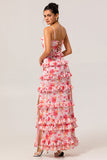Pink Floral Sheath Ruffled Long Wedding Guest Dress with Slit