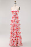 Pink Floral Ruffled Sheath Long Wedding Guest Dress with Slit