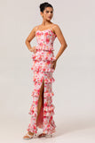 Pink Floral Sheath Ruffled Long Wedding Guest Dress with Slit