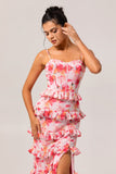 Pink Floral Sheath Ruffled Long Wedding Guest Dress with Slit