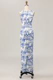 Floral Printed Bodycon White Blue Long Wedding Guest Dress