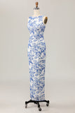 Floral Printed Bodycon White Blue Long Wedding Guest Dress