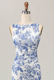 Floral Printed Bodycon White Blue Long Wedding Guest Dress