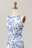 Floral Printed Bodycon White Blue Long Wedding Guest Dress