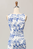 Floral Printed Bodycon White Blue Long Wedding Guest Dress