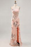 Blush Floral Strapless Sheath Bridesmaid Dress with Slit