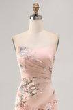 Blush Floral Strapless Sheath Bridesmaid Dress with Slit