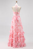 Blush Beaded Halter Printed Floral Wedding Guest Dress with Slit