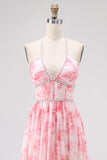 Blush Beaded Halter Printed Floral Wedding Guest Dress with Slit