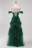Dark Green Tulle Tiered Ruffled Off The Shoulder A Line Bridesmaid Dress