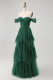 Dark Green Tulle Tiered Ruffled Off The Shoulder A Line Bridesmaid Dress