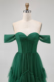 Dark Green Tulle Tiered Ruffled Off The Shoulder A Line Bridesmaid Dress