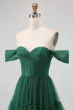 Dark Green Tulle Tiered Ruffled Off The Shoulder A Line Bridesmaid Dress
