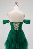 Dark Green Tulle Tiered Ruffled Off The Shoulder A Line Bridesmaid Dress