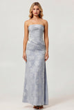 Dusty Blue Print Strapless Sheath Ruched Midi Dress with Slit