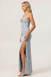 Dusty Blue Print Strapless Sheath Ruched Midi Dress with Slit