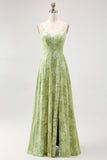 Sage Green Floral A Line Bridesmaid Dress with Slit