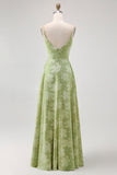 Sage Green Floral A Line Bridesmaid Dress with Slit