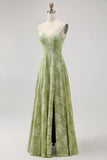 Sage Green Floral A Line Bridesmaid Dress with Slit
