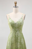 Sage Green Floral A Line Bridesmaid Dress with Slit