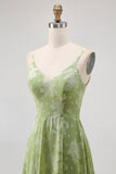 Sage Green Floral A Line Bridesmaid Dress with Slit