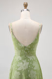Sage Green Floral A Line Bridesmaid Dress with Slit