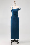 Ink Blue Sheath One Shoulder Satin Long Bridesmaid Dress