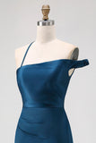 Ink Blue Sheath One Shoulder Satin Long Bridesmaid Dress