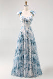 Blue Flower Printed A Line Long Bridesmaid Dress with Lace-up Back