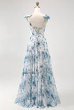 Blue Flower Printed A Line Long Bridesmaid Dress with Lace-up Back