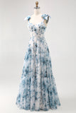 Blue Flower Printed A Line Long Bridesmaid Dress with Lace-up Back