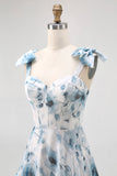 Blue Flower Printed A Line Long Bridesmaid Dress with Lace-up Back