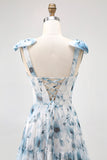 Blue Flower Printed A Line Long Bridesmaid Dress with Lace-up Back
