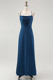 Dark Blue Spaghetti Straps A Line Long Bridesmaid Dress