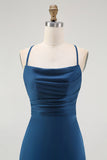 Dark Blue Spaghetti Straps A Line Long Bridesmaid Dress
