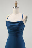 Dark Blue Spaghetti Straps A Line Long Bridesmaid Dress