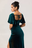 Peacock Green Velvet Sheath Short Sleeves Bridesmaid Dress
