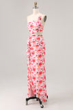 Sheath Red Cut Out One Shoulder Printed Floral Wedding Guest Dress
