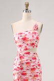 Sheath Red Cut Out One Shoulder Printed Floral Wedding Guest Dress