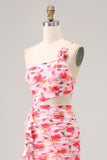 Sheath Red Cut Out One Shoulder Printed Floral Wedding Guest Dress