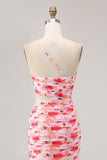 Sheath Red Cut Out One Shoulder Printed Floral Wedding Guest Dress