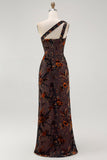 One Shoulder Black Floral Sheath Bridesmaid Dress