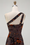 One Shoulder Black Floral Sheath Bridesmaid Dress