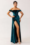 Off The Shoulder Peacock Green Velvet Sheath Bridesmaid Dress with Sash