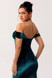 Off The Shoulder Peacock Green Velvet Sheath Bridesmaid Dress with Sash