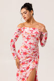 Pink Floral Sheath Off The Shoulder Long Wedding Guest Dress