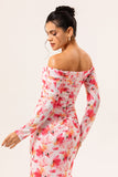 Pink Floral Sheath Off The Shoulder Long Wedding Guest Dress