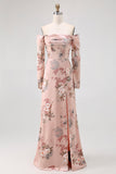 Blush Floral Off The Shoulder Sheath Long Wedding Guest Dress with Slit