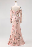 Blush Floral Off The Shoulder Sheath Long Wedding Guest Dress with Slit