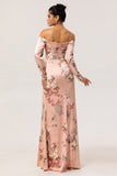 Off The Shoulder Blush Floral Sheath Long Wedding Guest Dress with Slit